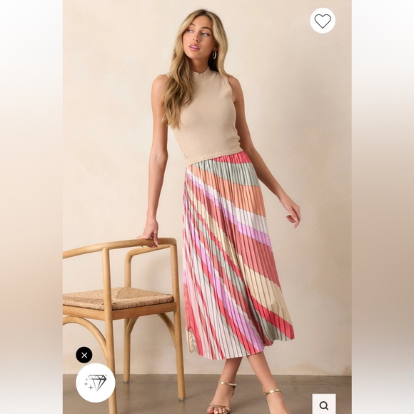 Skies Are Blue Dresses & Skirts - Pleated Multi-Color Stripe Midi Skirt - Pink & Coral Medium skies are blue